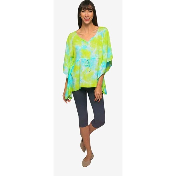 New Sacred Threads One Size Aqua Tie-Dye Pullover Rayon Kaftan Poncho Top - Picture 2 of 4